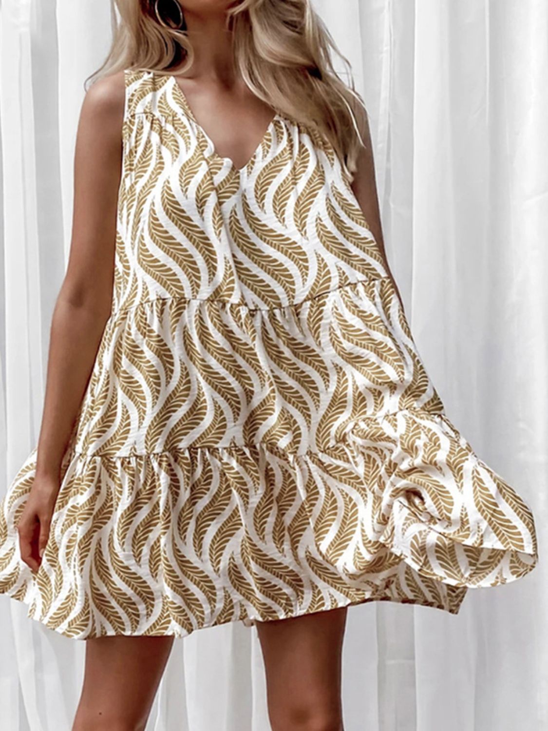 Printed V - Neck Sleeveless Mini Dress - Plush Fashion Hub