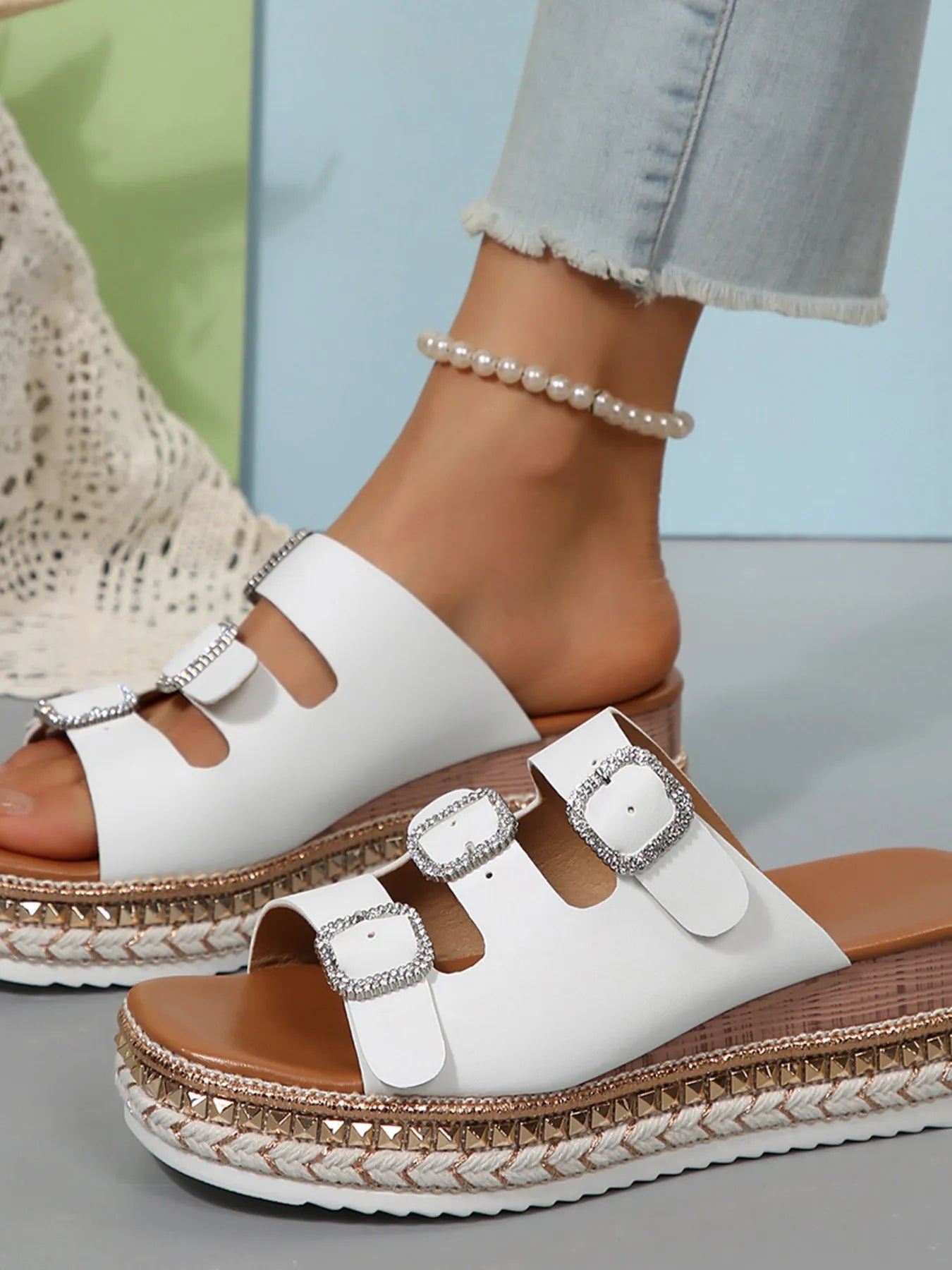 Women's rhinestone buckle platform sandals with mid-heel design, stylish dress shoes by Trendsi, featuring comfortable and trendy footwear.