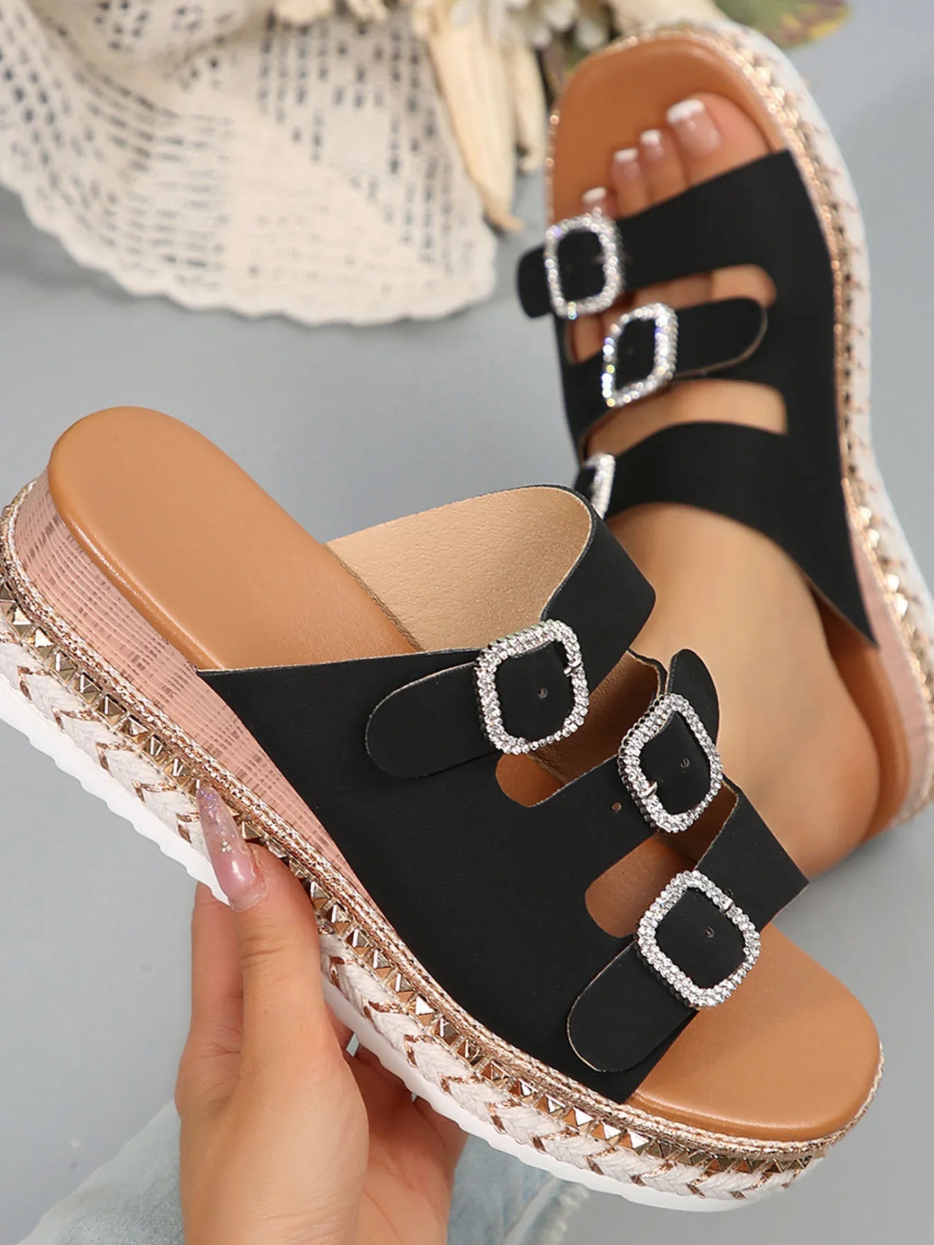 Women's rhinestone buckle platform sandals by Trendsi, featuring a comfortable mid-heel and stylish dress shoe design.