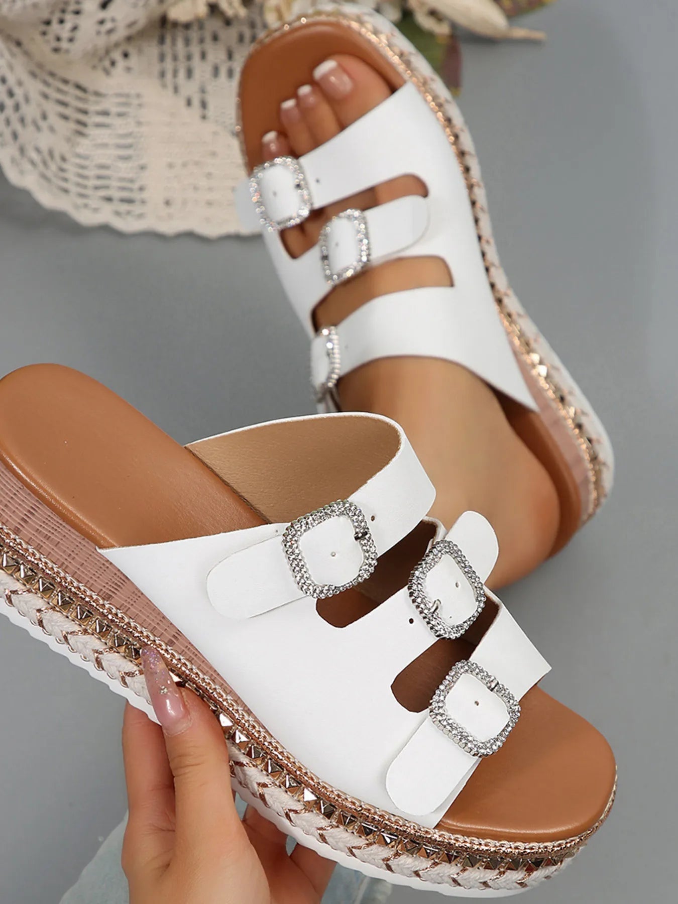 Women's rhinestone buckle platform sandals with mid-heel design, stylish dress shoes from Trendsi featuring comfortable, fashionable footwear.