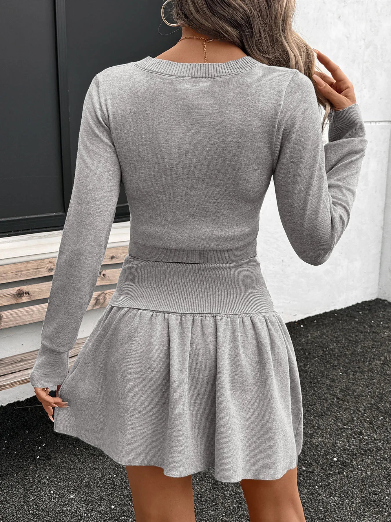 Ribbed Long Sleeve Top and Skirt Knit Set - Plush Fashion Hub