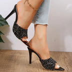 Sequin Point Toe Mid Heel Sandals - Plush Fashion Hub