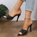 Sequin Point Toe Mid Heel Sandals - Plush Fashion Hub