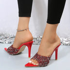 Sequin Point Toe Mid Heel Sandals - Plush Fashion Hub