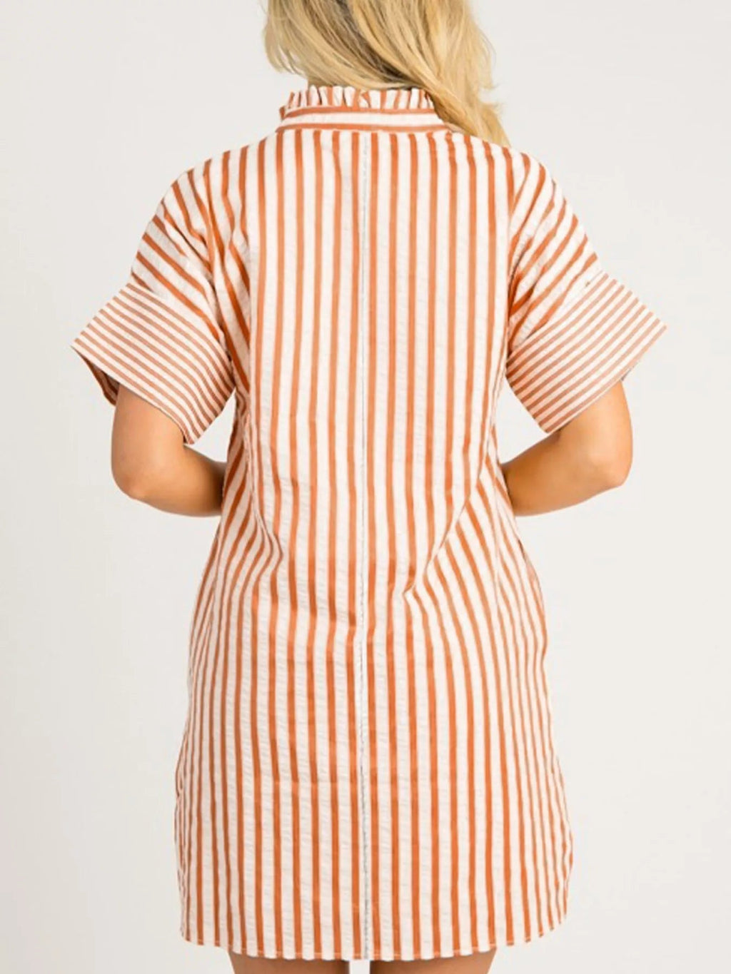 Stripe Pinched V - Neck Mini Dress with Turn - up Cuffs and Pockets - Plush Fashion Hub