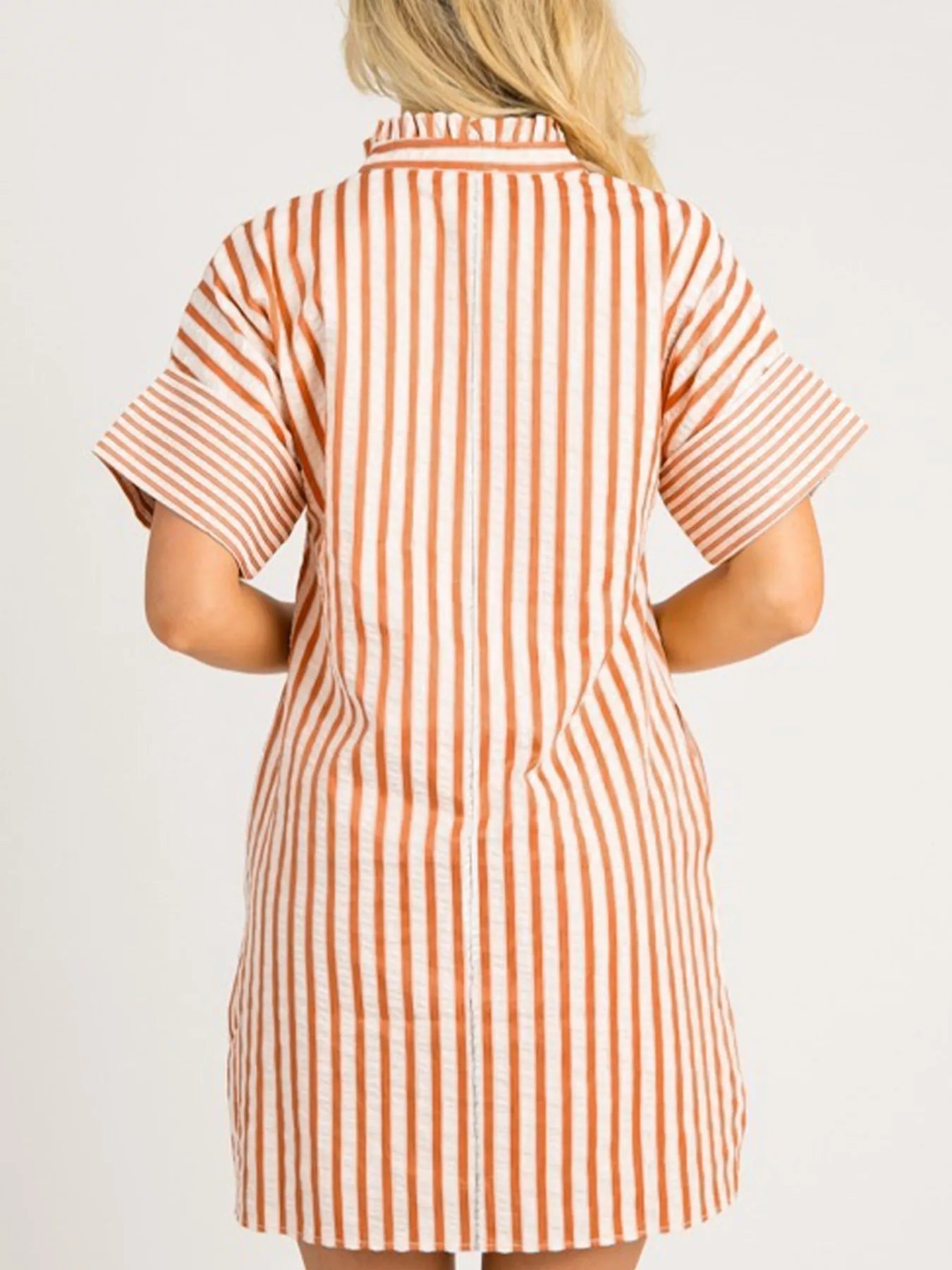 Stripe Pinched V - Neck Mini Dress with Turn - up Cuffs and Pockets - Plush Fashion Hub