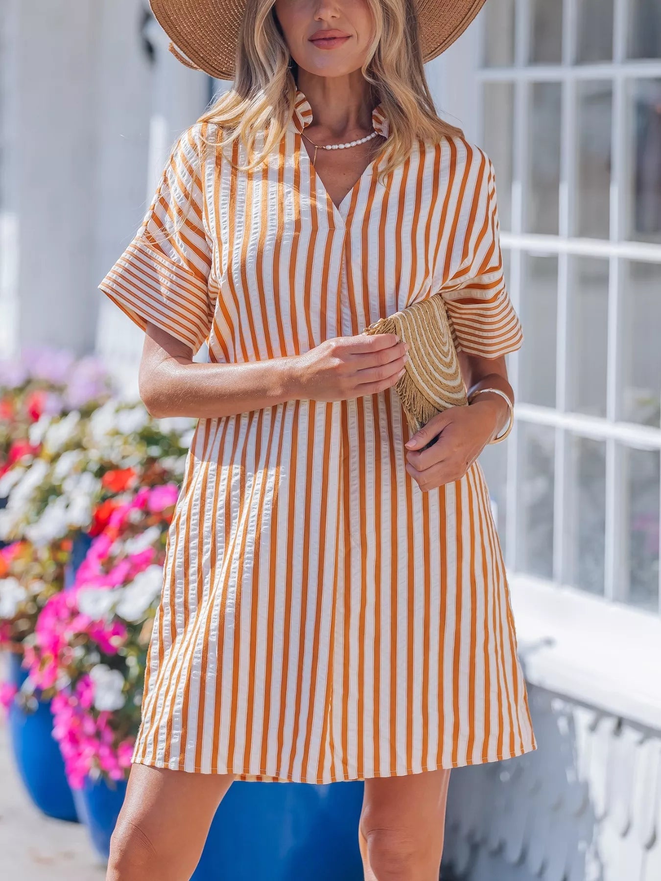 Stripe Pinched V - Neck Mini Dress with Turn - up Cuffs and Pockets - Plush Fashion Hub