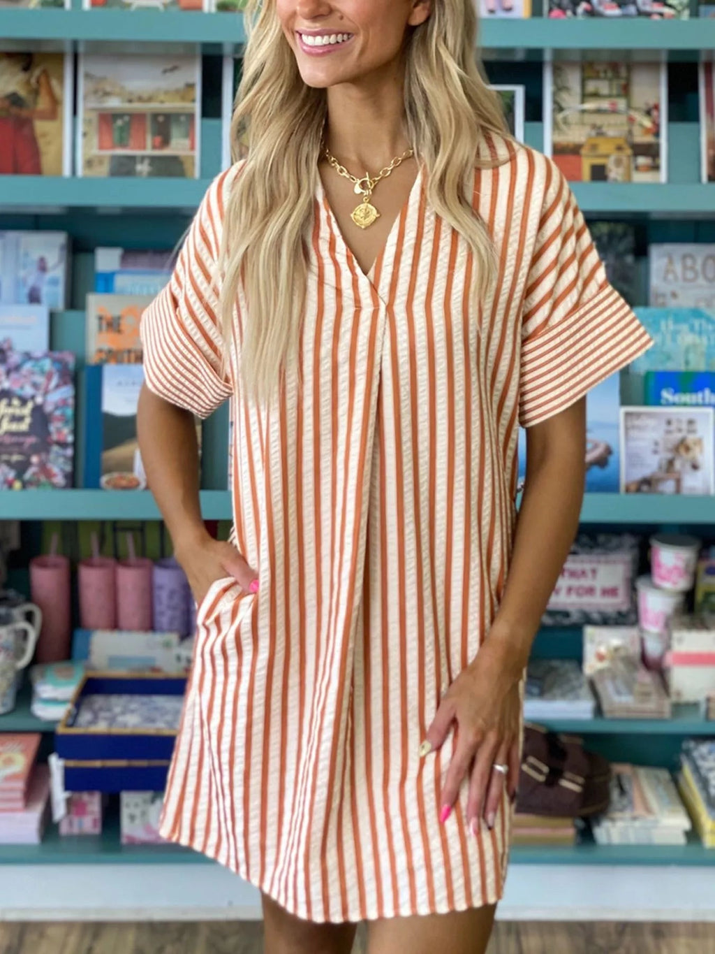 Stripe Pinched V - Neck Mini Dress with Turn - up Cuffs and Pockets - Plush Fashion Hub