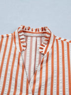Stripe Pinched V - Neck Mini Dress with Turn - up Cuffs and Pockets - Plush Fashion Hub