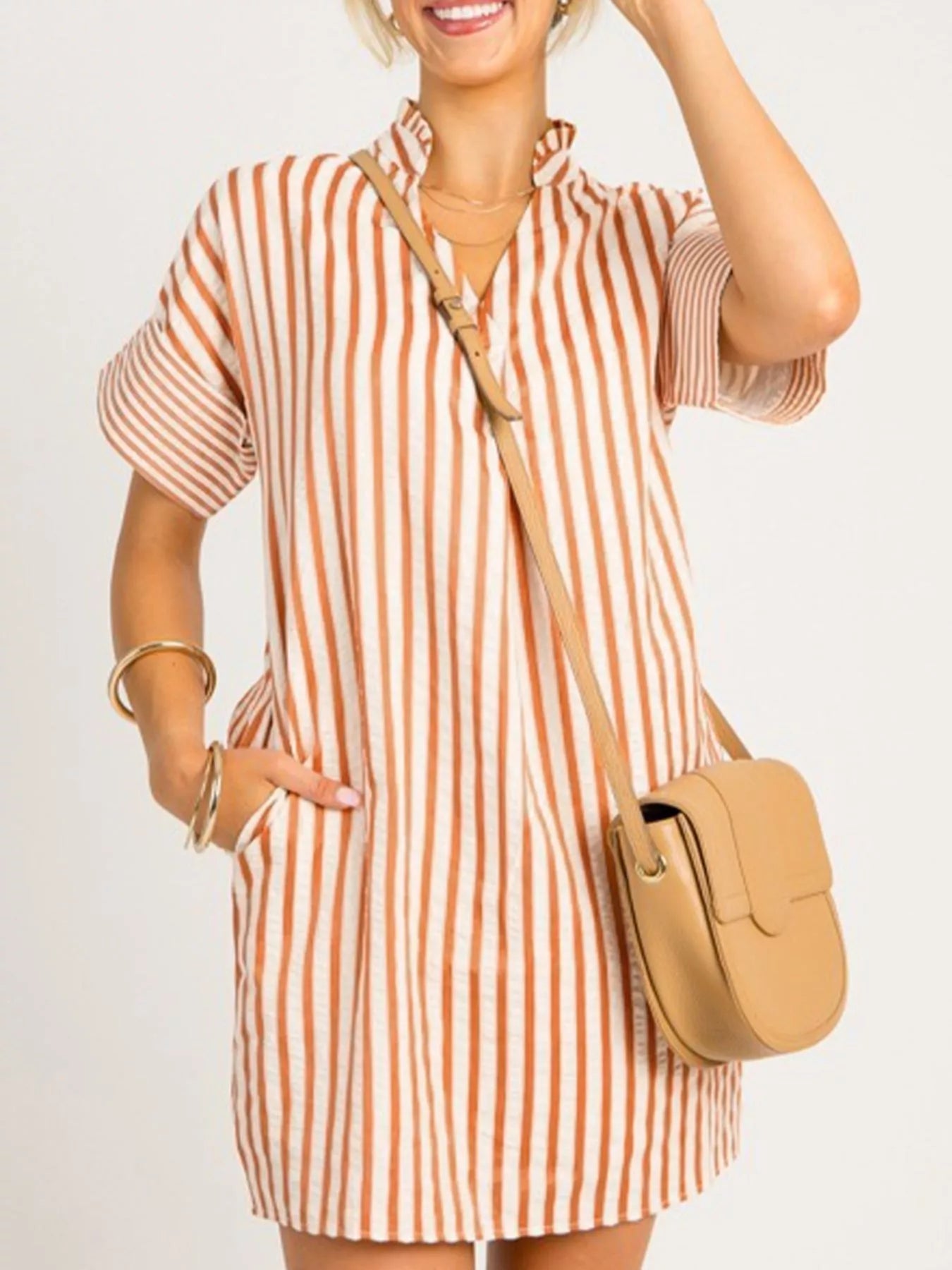 Stripe Pinched V - Neck Mini Dress with Turn - up Cuffs and Pockets - Plush Fashion Hub