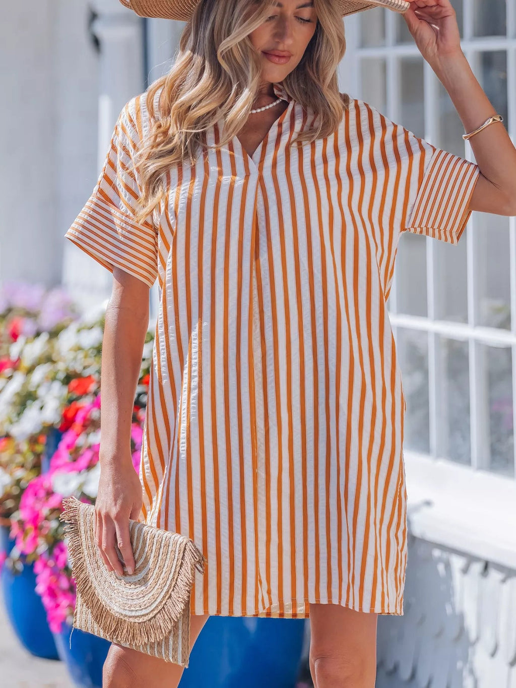 Stripe Pinched V - Neck Mini Dress with Turn - up Cuffs and Pockets - Plush Fashion Hub