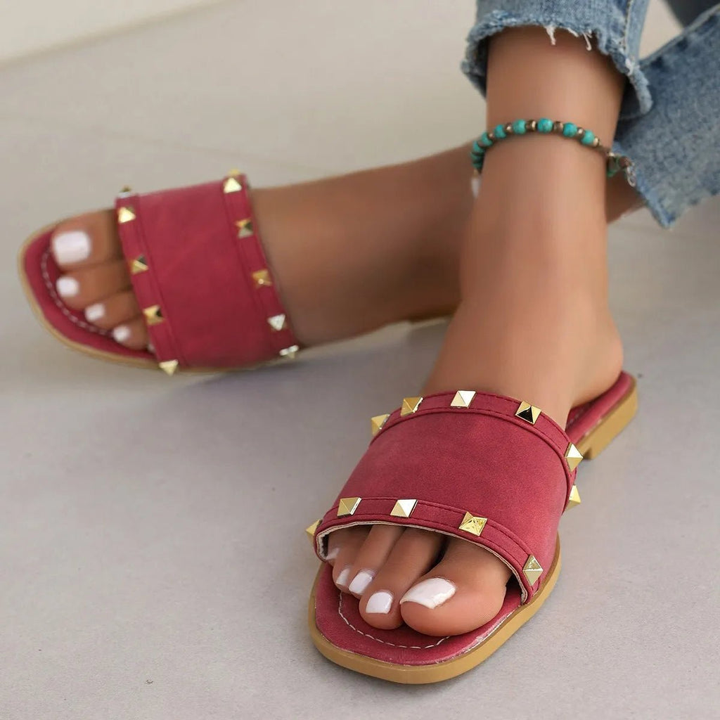 Studded Open Toe Flats Sandals - Plush Fashion Hub