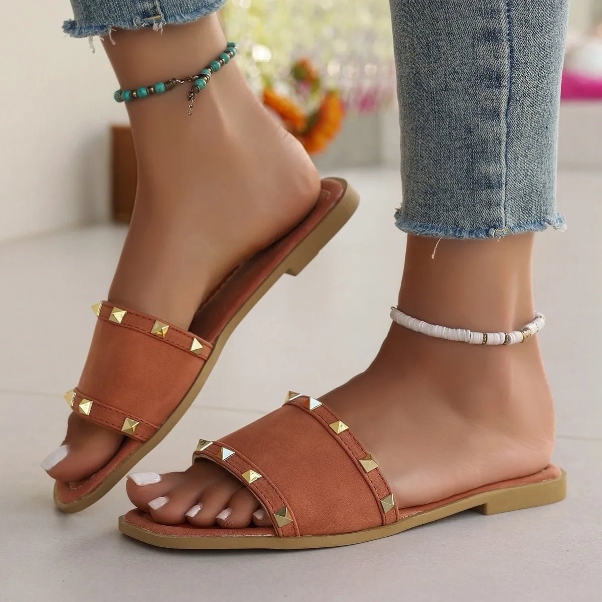 Studded Open Toe Flats Sandals - Plush Fashion Hub