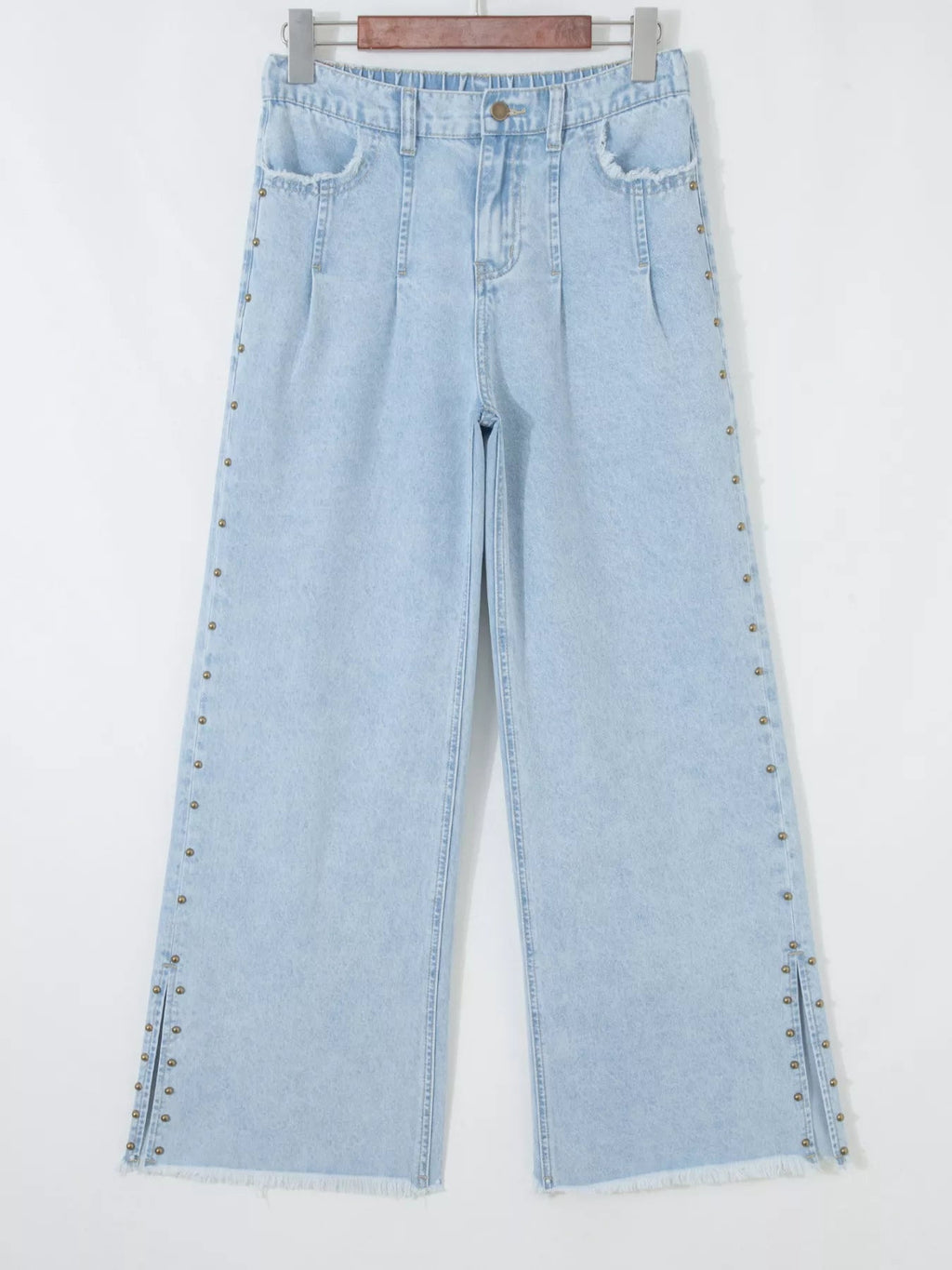 Studded Wide Leg Jeans with Frayed Hem and Side Slits - Plush Fashion Hub