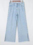 Studded Wide Leg Jeans with Frayed Hem and Side Slits - Plush Fashion Hub