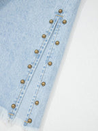 Studded Wide Leg Jeans with Frayed Hem and Side Slits - Plush Fashion Hub