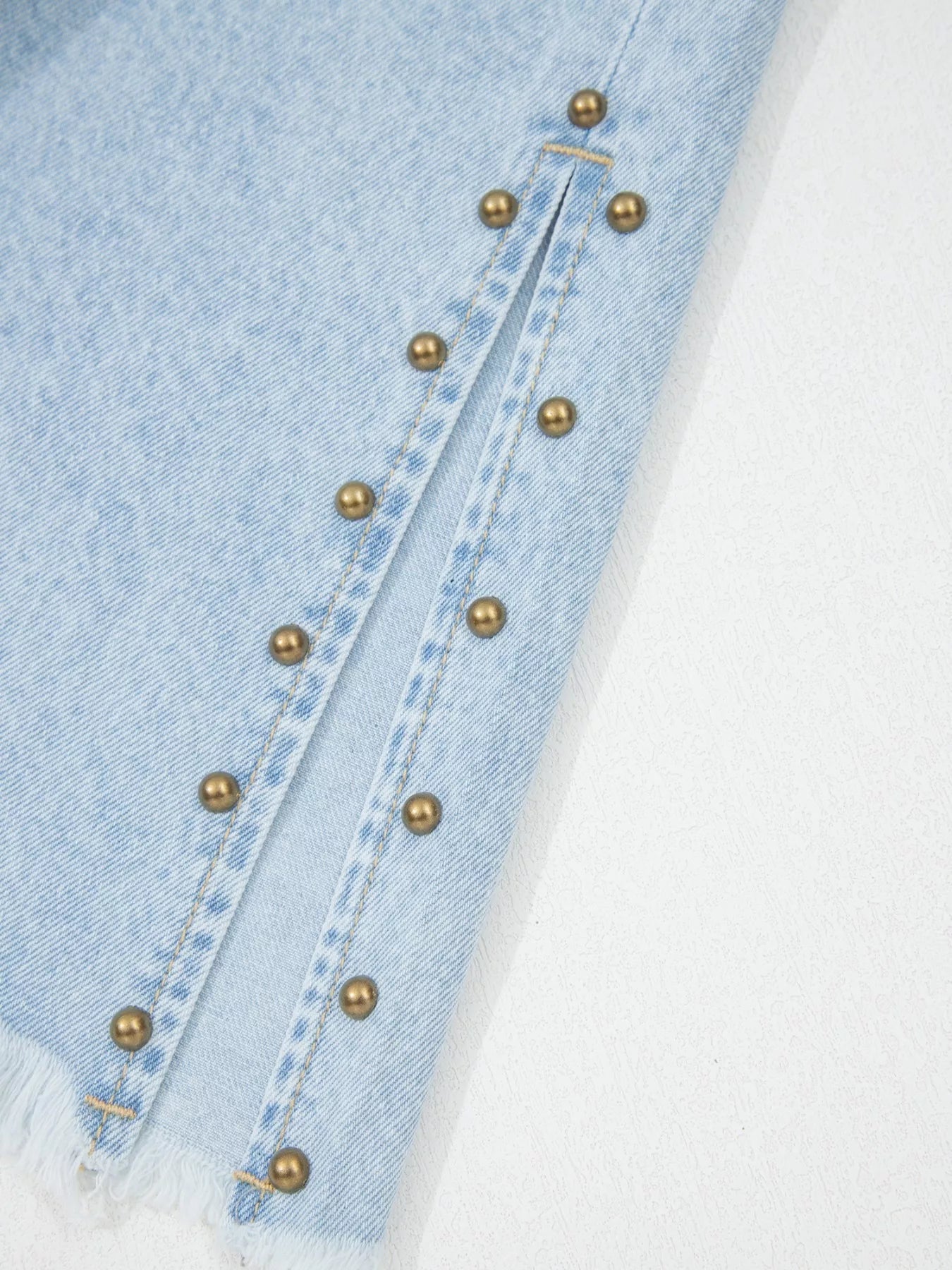 Studded Wide Leg Jeans with Frayed Hem and Side Slits - Plush Fashion Hub