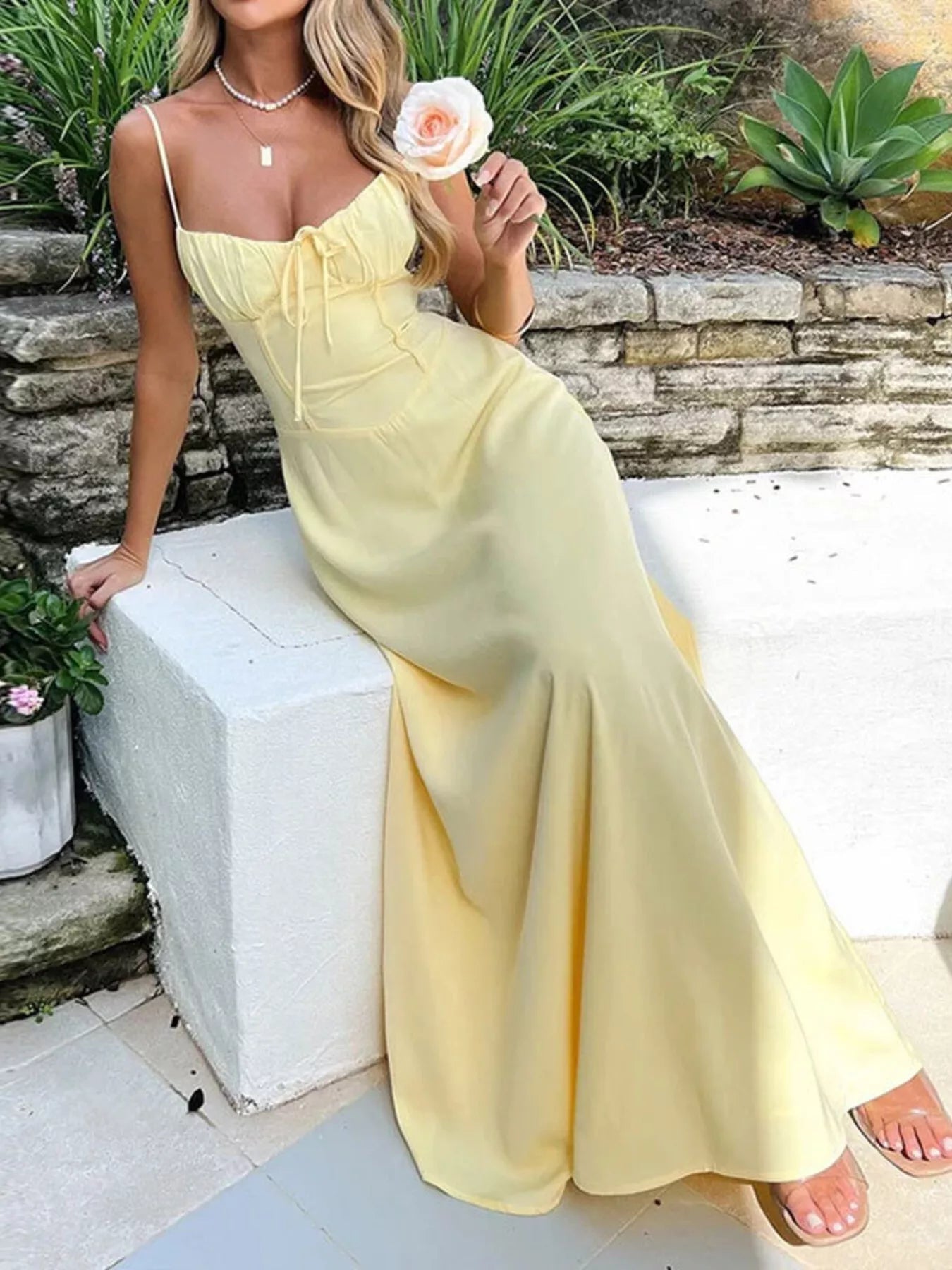 Tie Front Spaghetti Strap Maxi Dress | Sleeveless Summer Casual Long Dress - Plush Fashion Hub