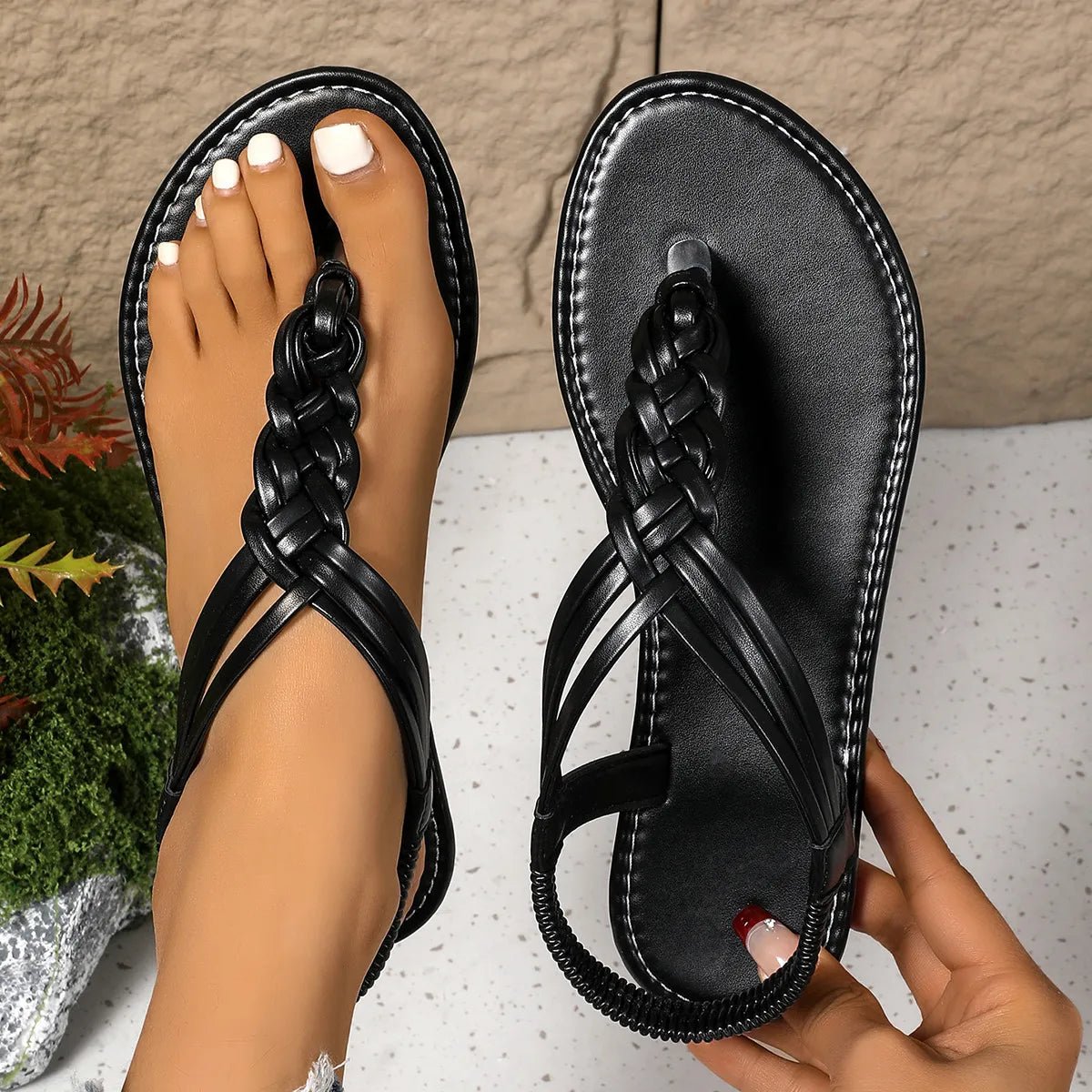 Women's chic PU leather toe post flat sandals by Trendsi, featuring comfortable summer footwear design with stylish straps.