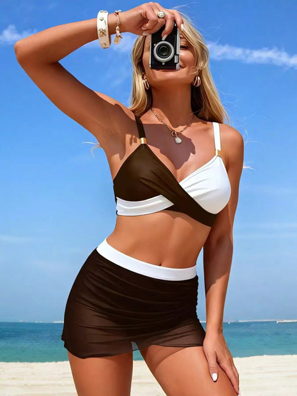 Two - Tone Cami and Skort Swim Set - Women's Stylish Two - Piece Swimwear - Plush Fashion Hub