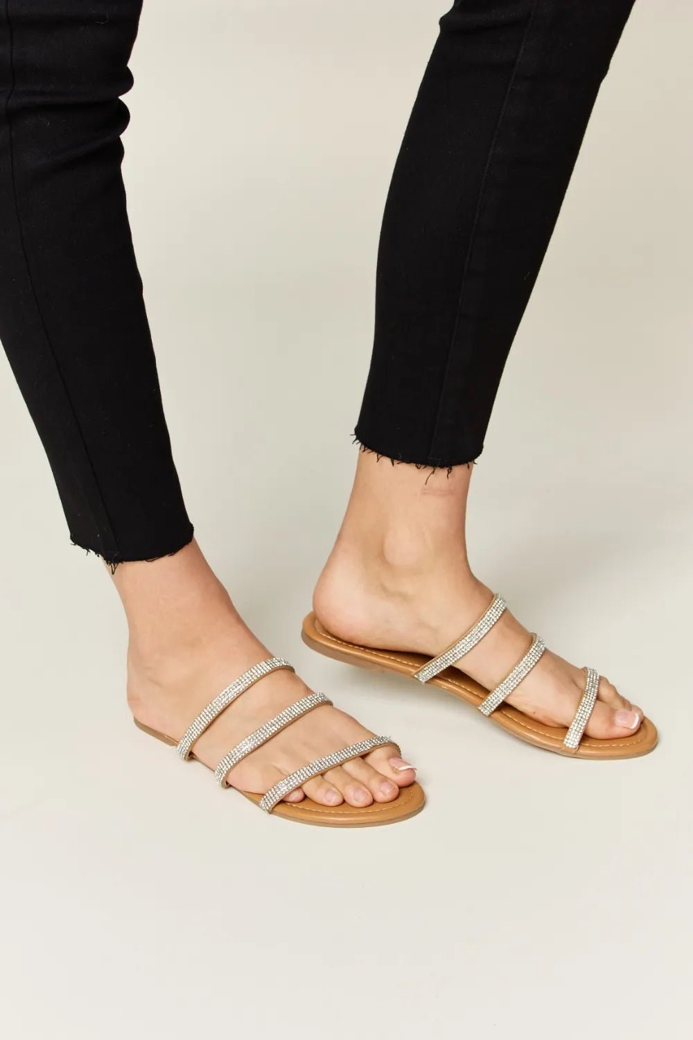 WILD DIVA Rhinestone Three - Strap Flat Sandals - Plush Fashion Hub