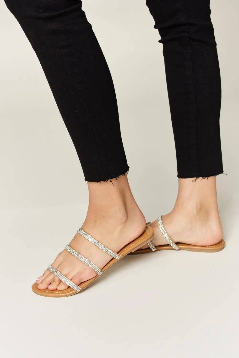 WILD DIVA Rhinestone Three - Strap Flat Sandals - Plush Fashion Hub
