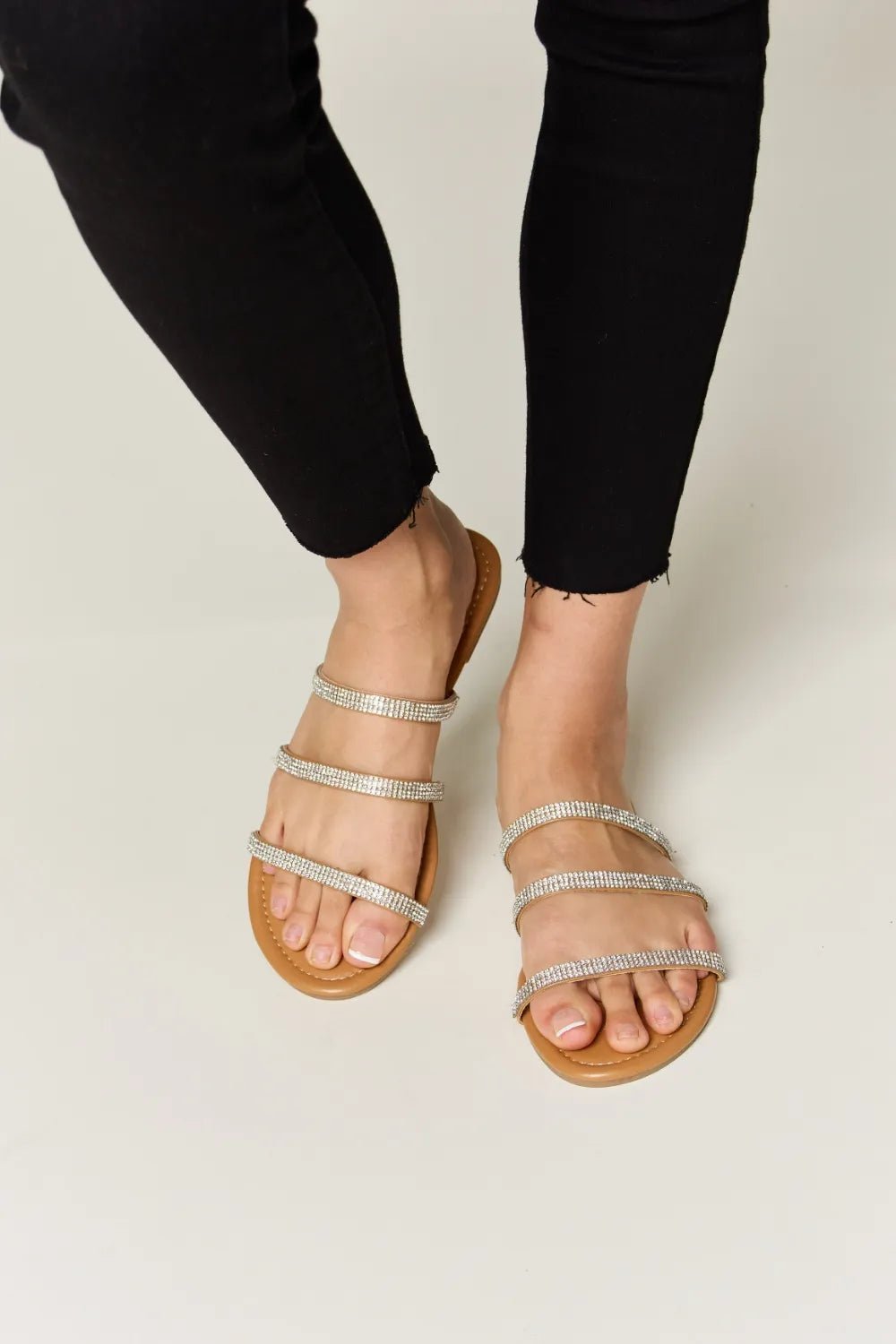 WILD DIVA Rhinestone Three - Strap Flat Sandals - Plush Fashion Hub