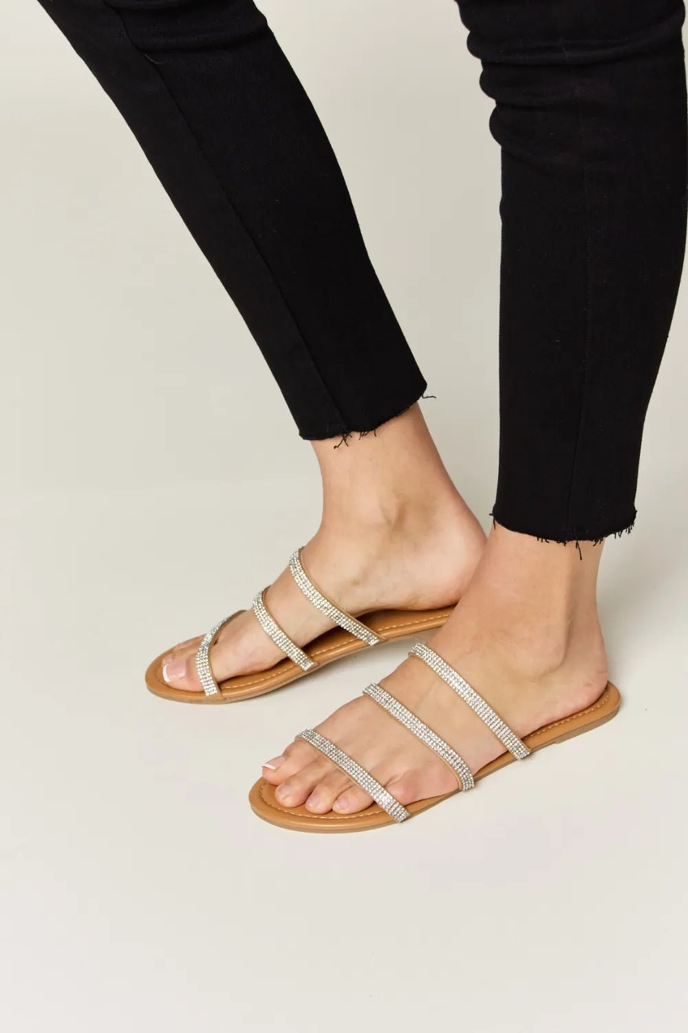 WILD DIVA Rhinestone Three - Strap Flat Sandals - Plush Fashion Hub