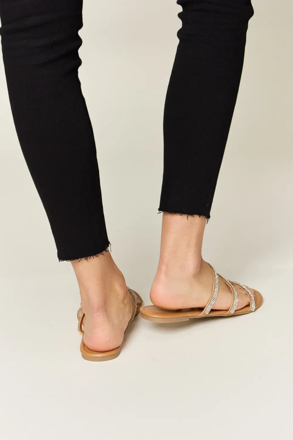 Women's rhinestone three-strap flat sandals by Trendsi, sparkly and comfortable summer shoes with stylish design.