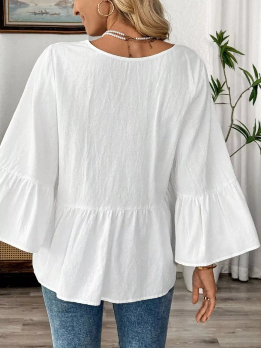 Women's 100% Cotton V - Neck Bell Sleeve Blouse - Effortless Chic Style - Plush Fashion Hub
