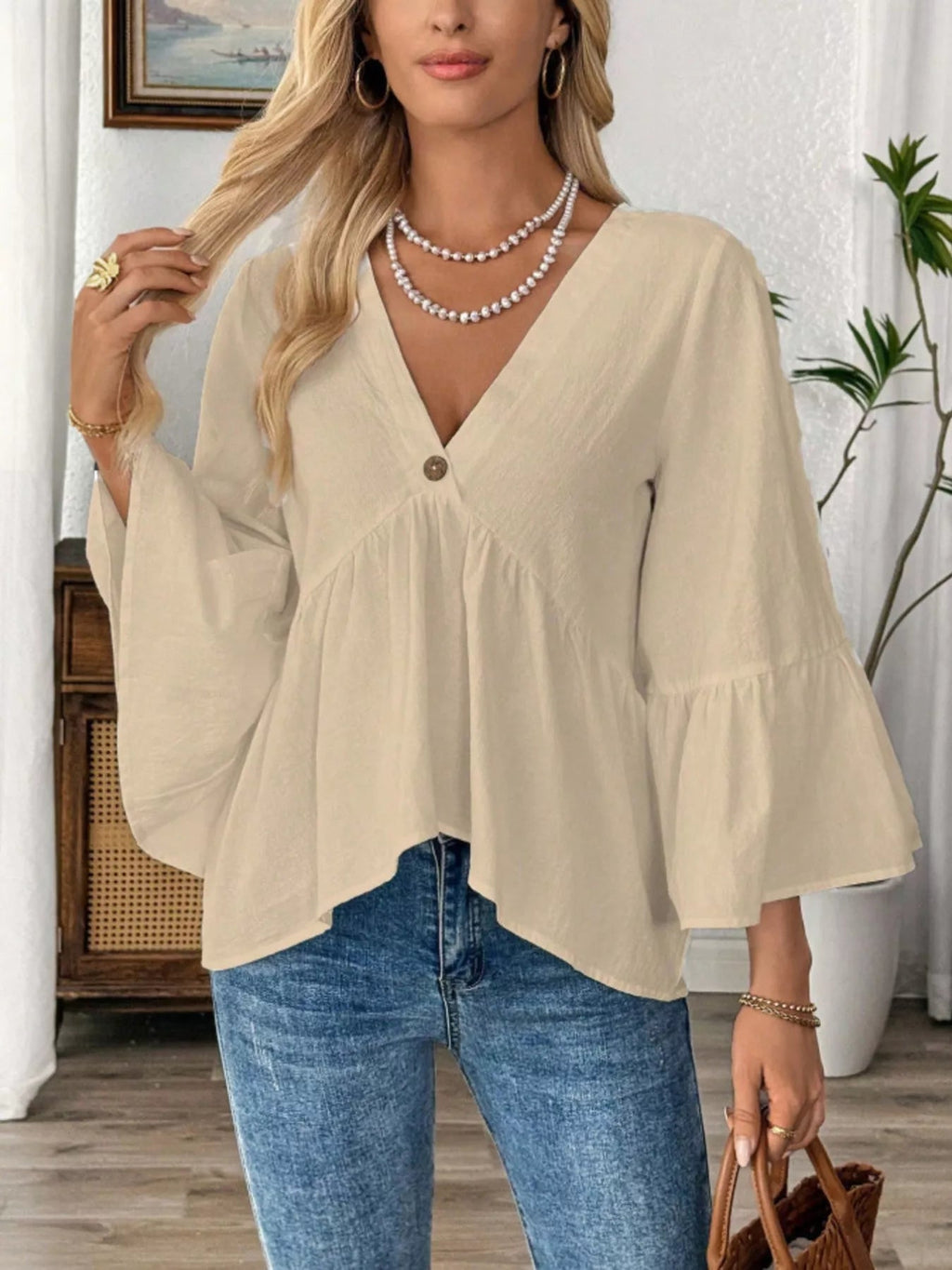 Women's 100% Cotton V - Neck Bell Sleeve Blouse - Effortless Chic Style - Plush Fashion Hub