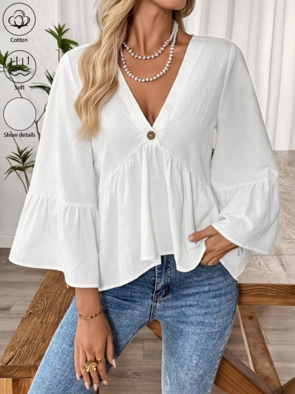 Women's 100% Cotton V - Neck Bell Sleeve Blouse - Effortless Chic Style - Plush Fashion Hub