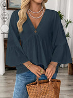 Women's 100% Cotton V - Neck Bell Sleeve Blouse - Effortless Chic Style - Plush Fashion Hub