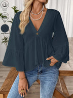 Women's 100% Cotton V - Neck Bell Sleeve Blouse - Effortless Chic Style - Plush Fashion Hub