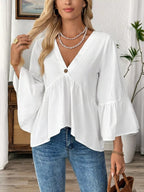 Women's 100% Cotton V - Neck Bell Sleeve Blouse - Effortless Chic Style - Plush Fashion Hub
