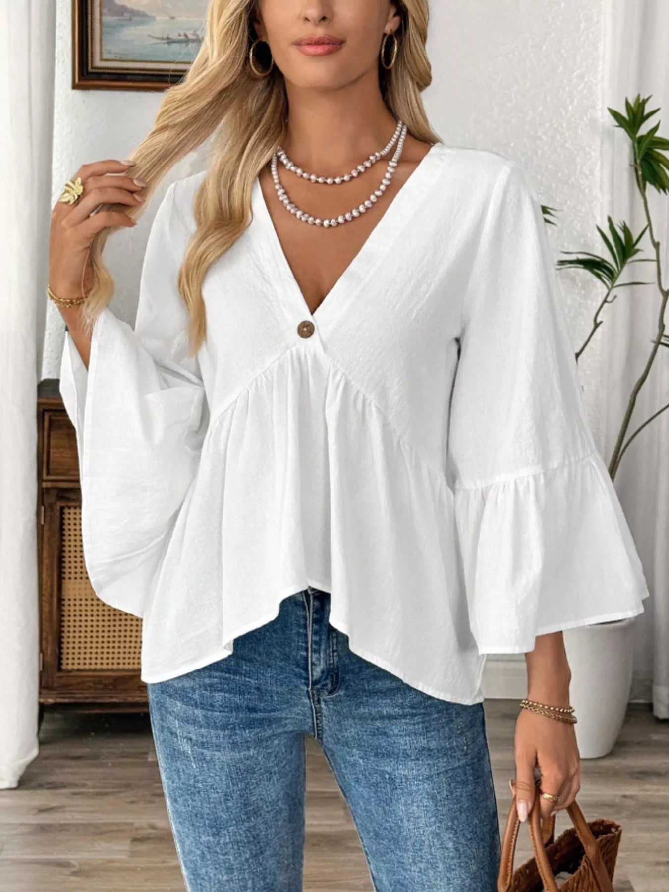 Women's 100% Cotton V - Neck Bell Sleeve Blouse - Effortless Chic Style - Plush Fashion Hub