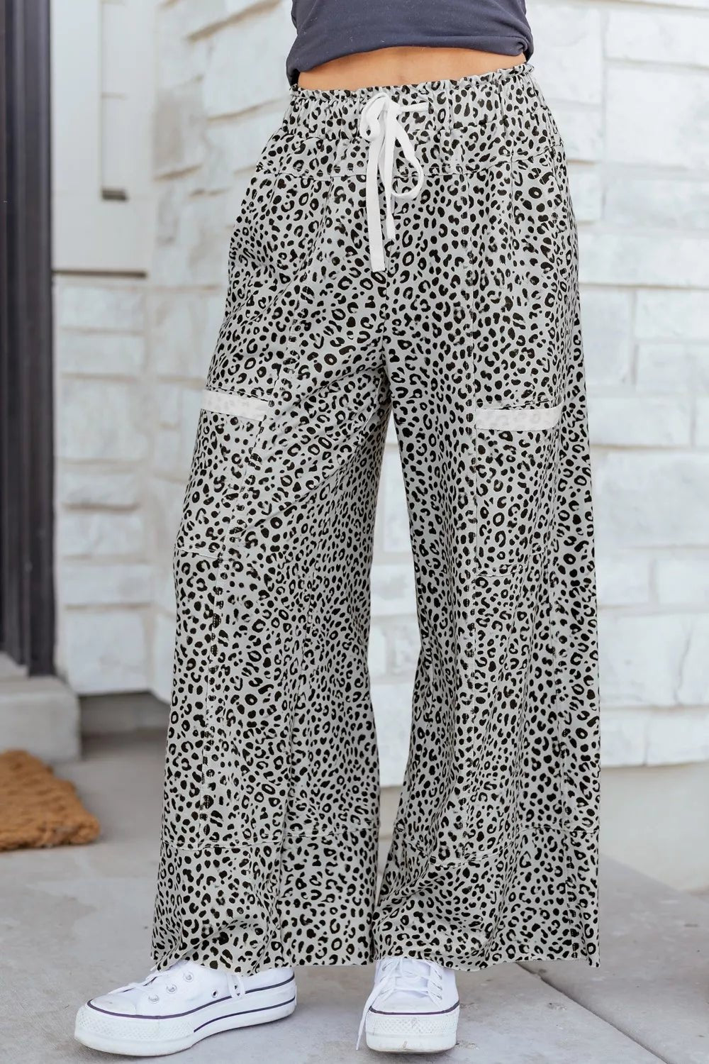 Women's Animal Print Wide Leg Terry Knit Pants with Drawstring Waist - Plush Fashion Hub