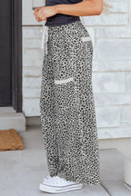 Women's Animal Print Wide Leg Terry Knit Pants with Drawstring Waist - Plush Fashion Hub