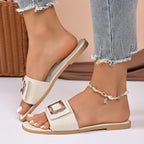Women's Buckle Decor Open Toe Flat Sandals - Comfortable PU Leather Slip - Ons - Plush Fashion Hub