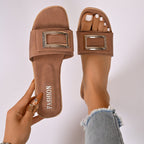 Women's Buckle Decor Open Toe Flat Sandals - Comfortable PU Leather Slip - Ons - Plush Fashion Hub