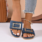 Women's Buckle Decor Open Toe Flat Sandals - Comfortable PU Leather Slip - Ons - Plush Fashion Hub