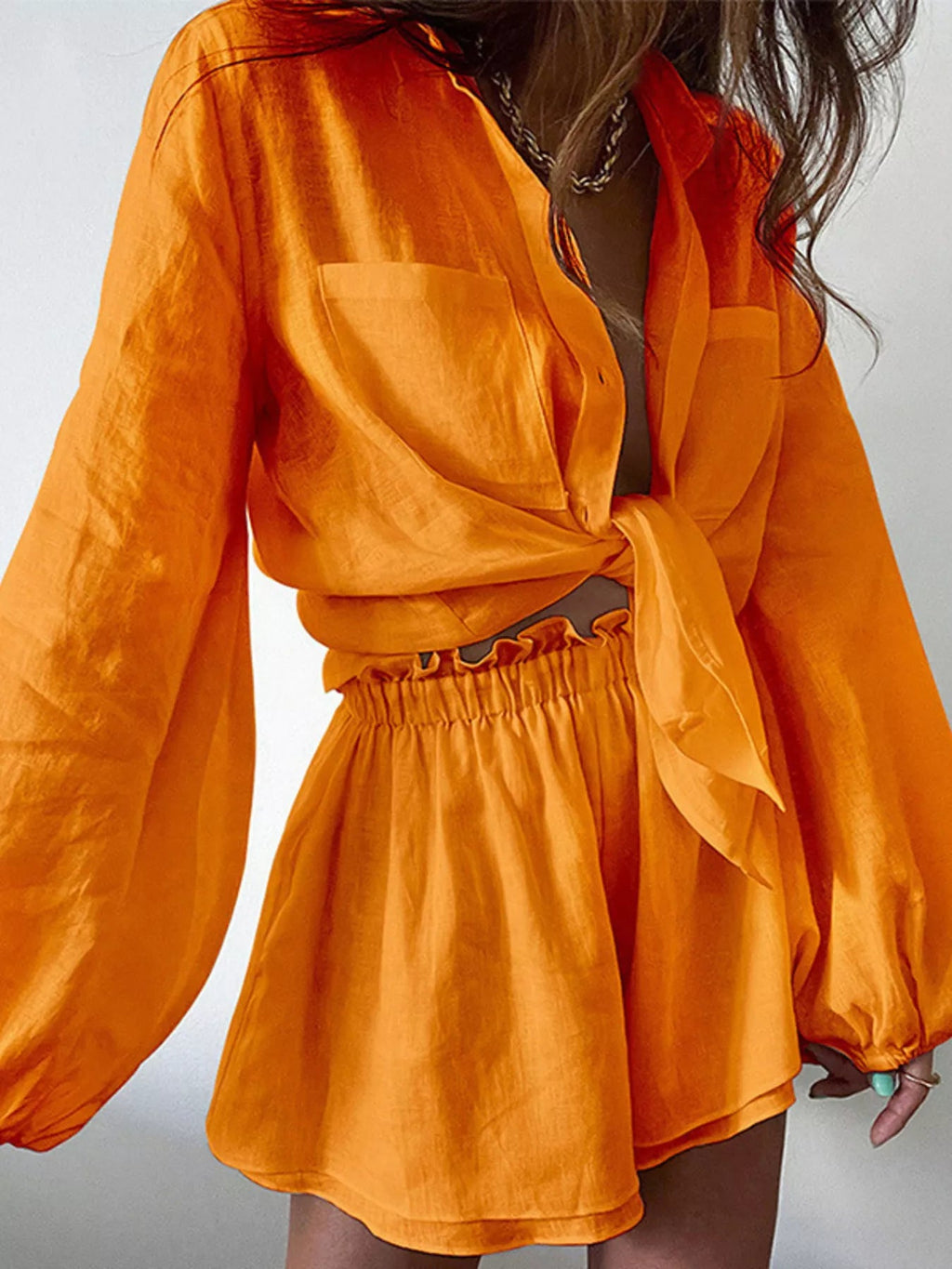 Women's Button - Up Long Sleeve Shirt and Shorts Two - Piece Lounge Set - Plush Fashion Hub