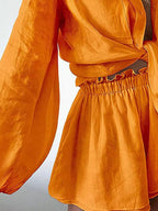 Women's Button - Up Long Sleeve Shirt and Shorts Two - Piece Lounge Set - Plush Fashion Hub