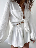 Women's Button - Up Long Sleeve Shirt and Shorts Two - Piece Lounge Set - Plush Fashion Hub