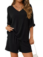 Women's Casual V - Neck Top and Shorts Set - Solid Color Two - Piece Outfit - Plush Fashion Hub