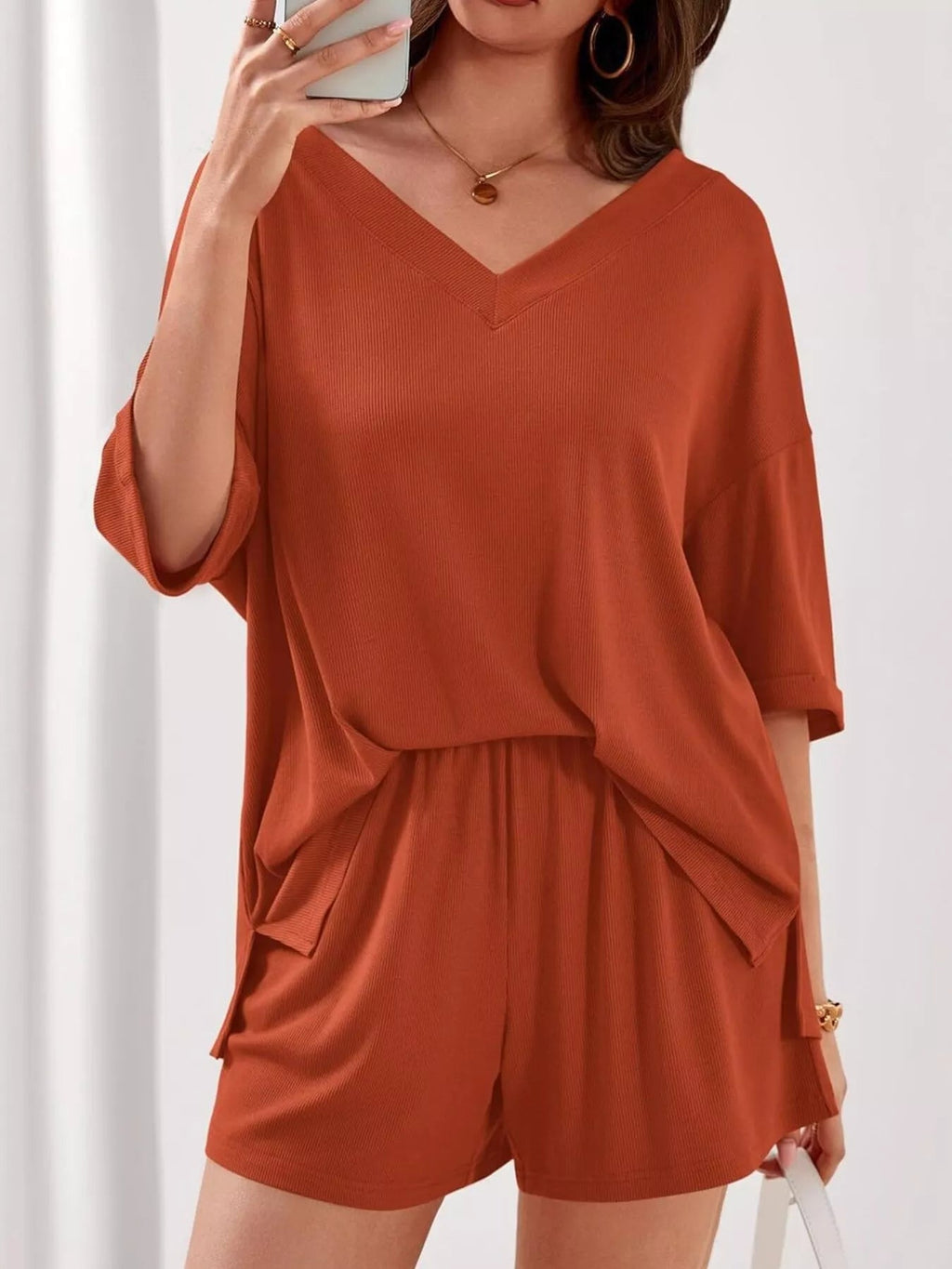 Women's Casual V - Neck Top and Shorts Set - Solid Color Two - Piece Outfit - Plush Fashion Hub