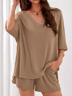 Women's Casual V - Neck Top and Shorts Set - Solid Color Two - Piece Outfit - Plush Fashion Hub
