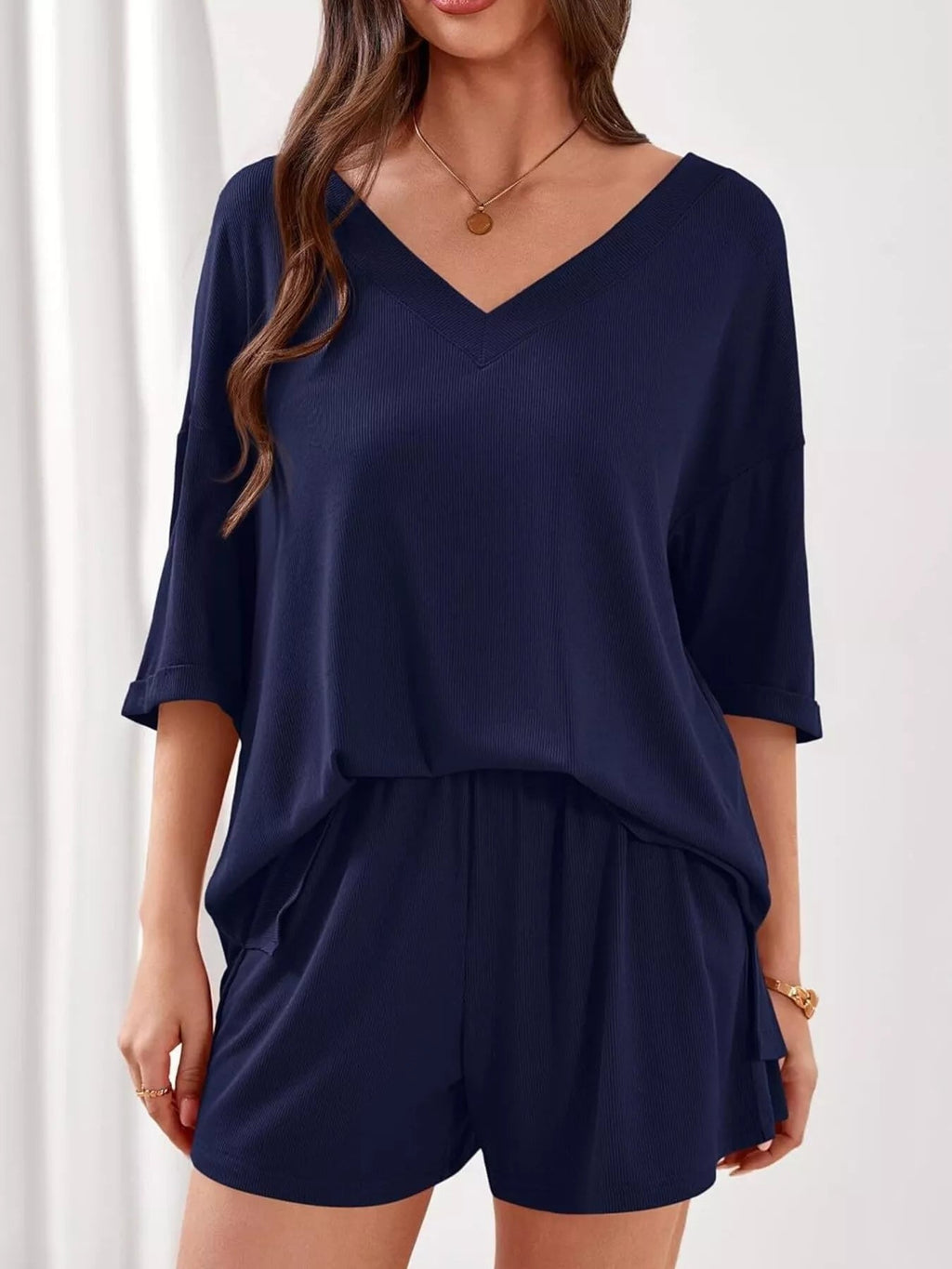 Women's Casual V - Neck Top and Shorts Set - Solid Color Two - Piece Outfit - Plush Fashion Hub