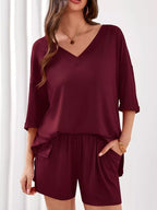 Women's Casual V - Neck Top and Shorts Set - Solid Color Two - Piece Outfit - Plush Fashion Hub