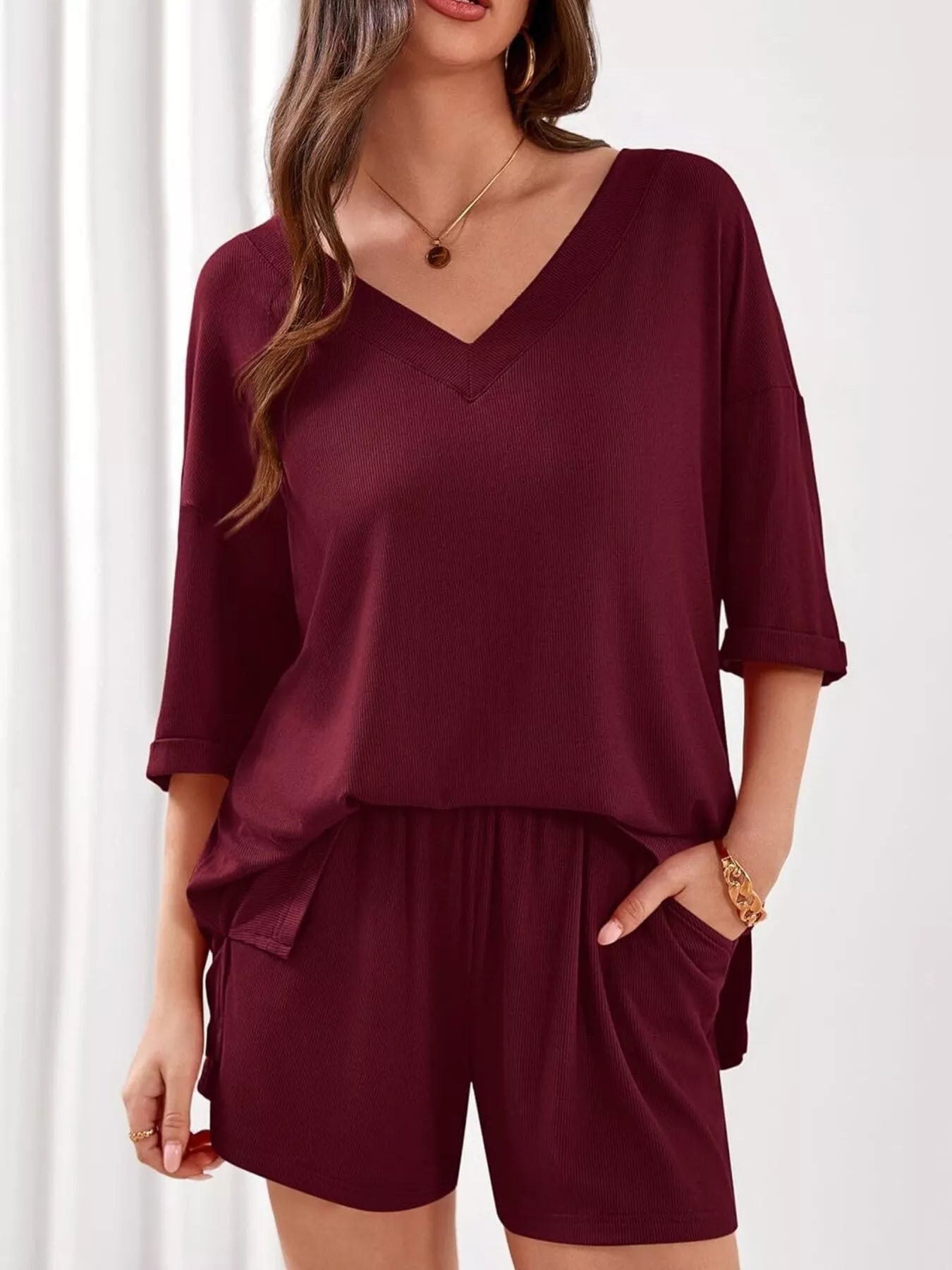 Women's Casual V - Neck Top and Shorts Set - Solid Color Two - Piece Outfit - Plush Fashion Hub